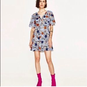 Zara Floral V Neck Dress Sz S